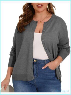 Plus Size Lightweight Cardigan Long Sleeve Crewneck Button Down Sweater